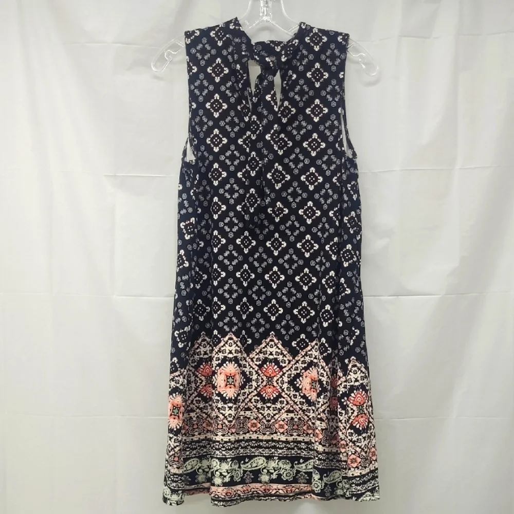 Midi Sundress Black White Pastel Peach Geometric Print w Tie V Neck Keyhole EUC